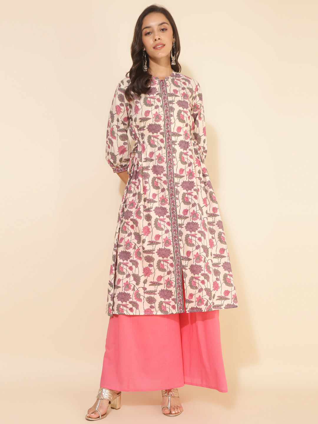 Janasya Beige Cotton Floral Printed Casual Kurta - Distacart