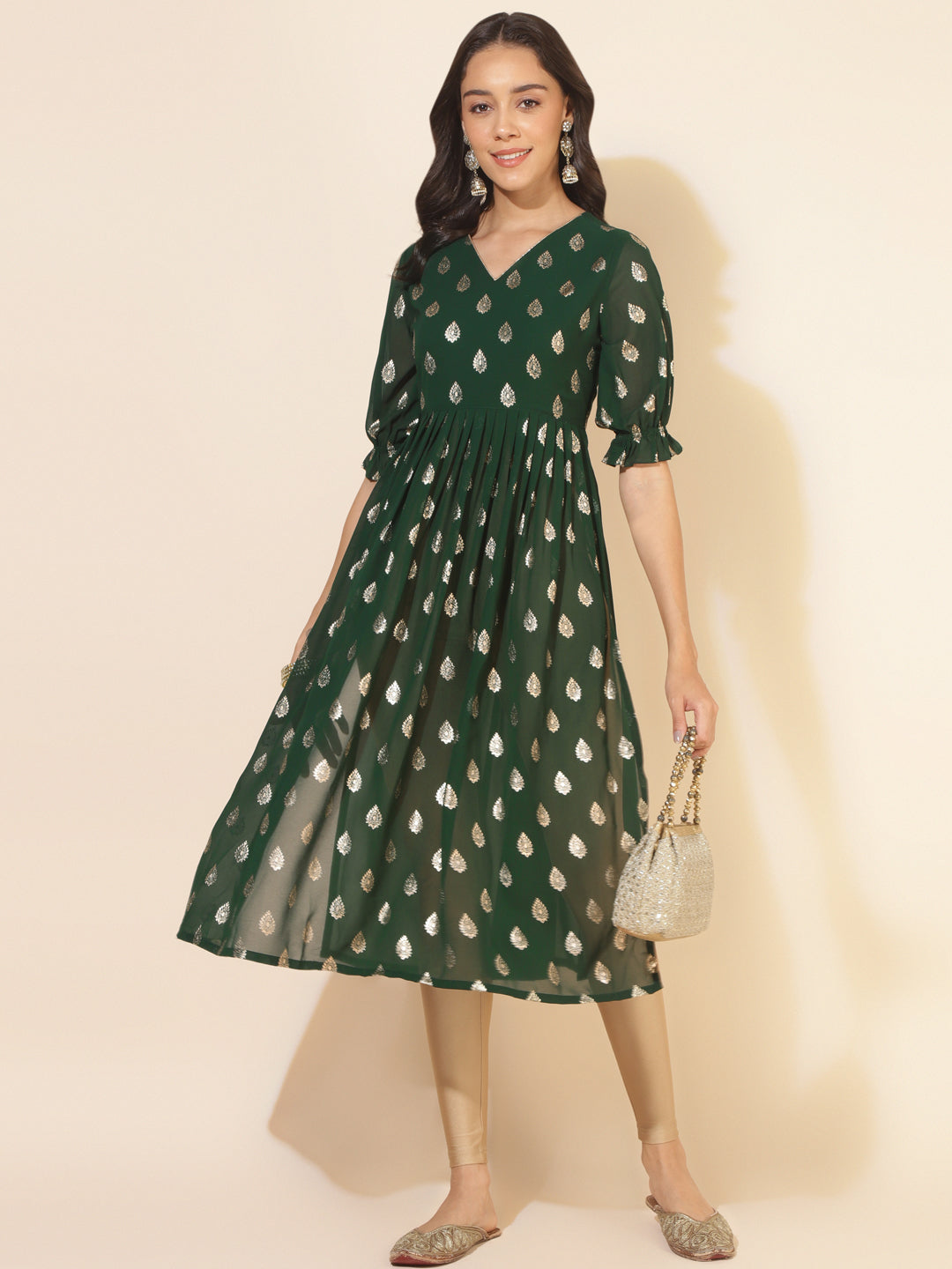 Janasya Bottle Green Georgette Foil Printed Festive Kurta - Distacart