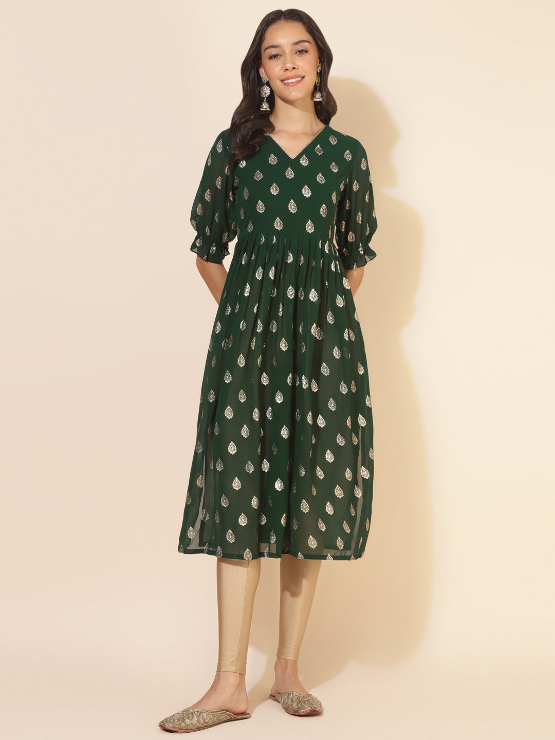 Janasya Bottle Green Georgette Foil Printed Festive Kurta - Distacart