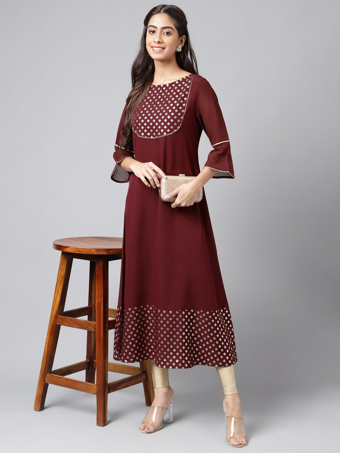 Janasya Women's Wine Crepe Foil Printed Festive A-Line Kurta - Distacart