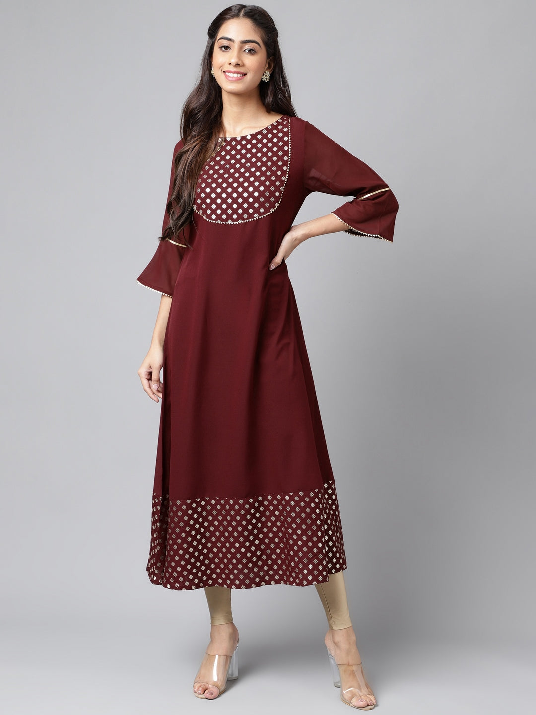Janasya Women's Wine Crepe Foil Printed Festive A-Line Kurta - Distacart