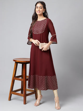 Janasya Women's Wine Crepe Foil Printed Festive A-Line Kurta - Distacart