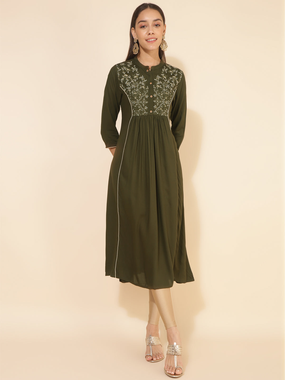 Janasya Olive Rayon Yoke Embroidered Casual Kurta - Distacart