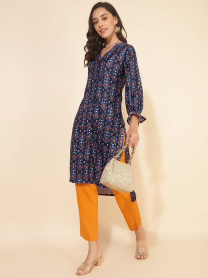 Janasya Dark Blue Moss Digital Printed Casual Kurta - Distacart