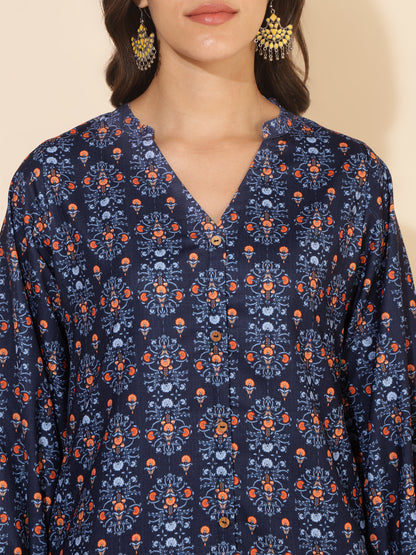 Janasya Dark Blue Moss Digital Printed Casual Kurta - Distacart