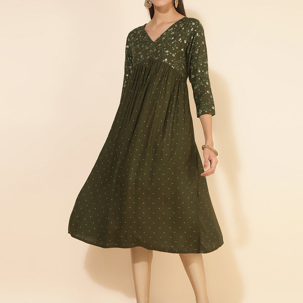 Janasya Olive Rayon Yoke Foil Printed Festive Kurta - Distacart