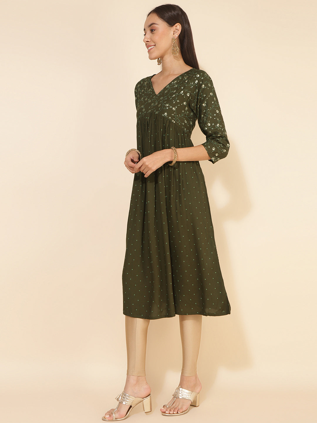 Janasya Olive Rayon Yoke Foil Printed Festive Kurta - Distacart