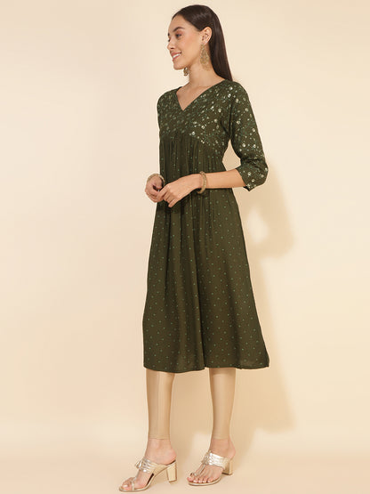 Janasya Olive Rayon Yoke Foil Printed Festive Kurta - Distacart