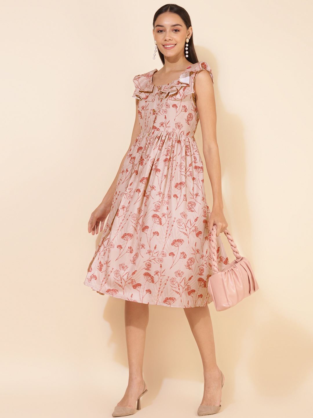 Janasya Women's Beige Moss Digital Floral Printed Casual Dress - Distacart