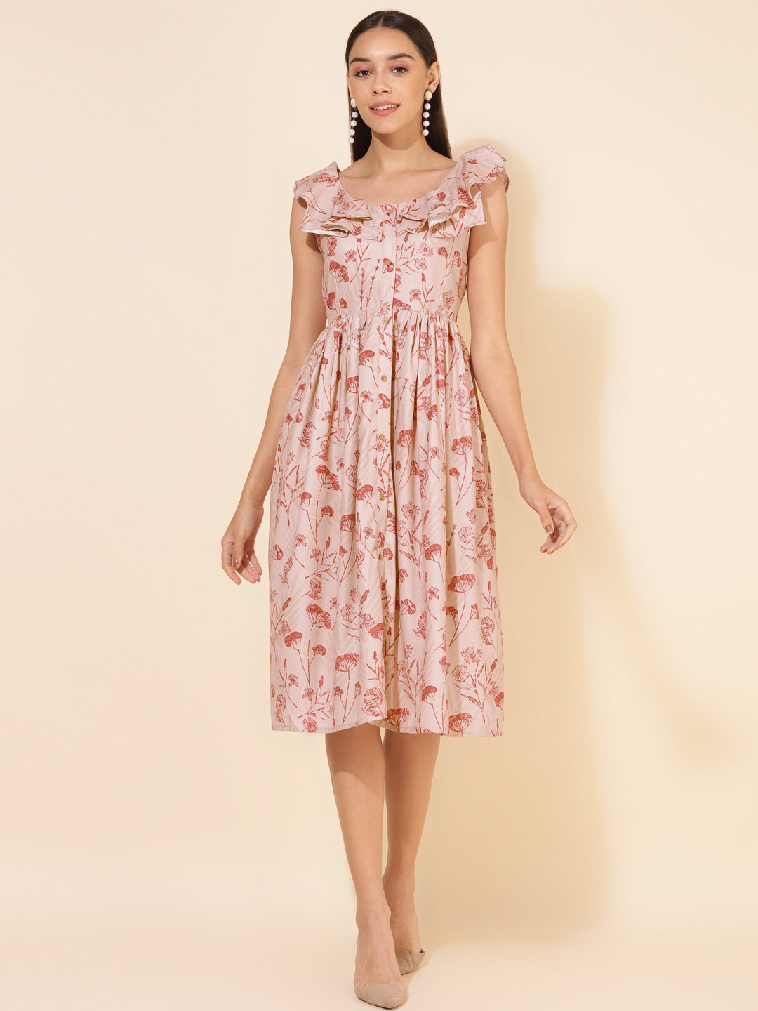 Janasya Women's Beige Moss Digital Floral Printed Casual Dress - Distacart