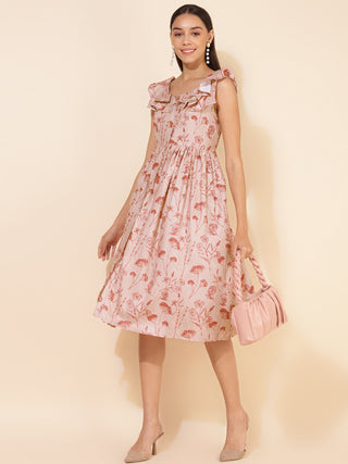 Janasya Women's Beige Moss Digital Floral Printed Casual Dress - Distacart