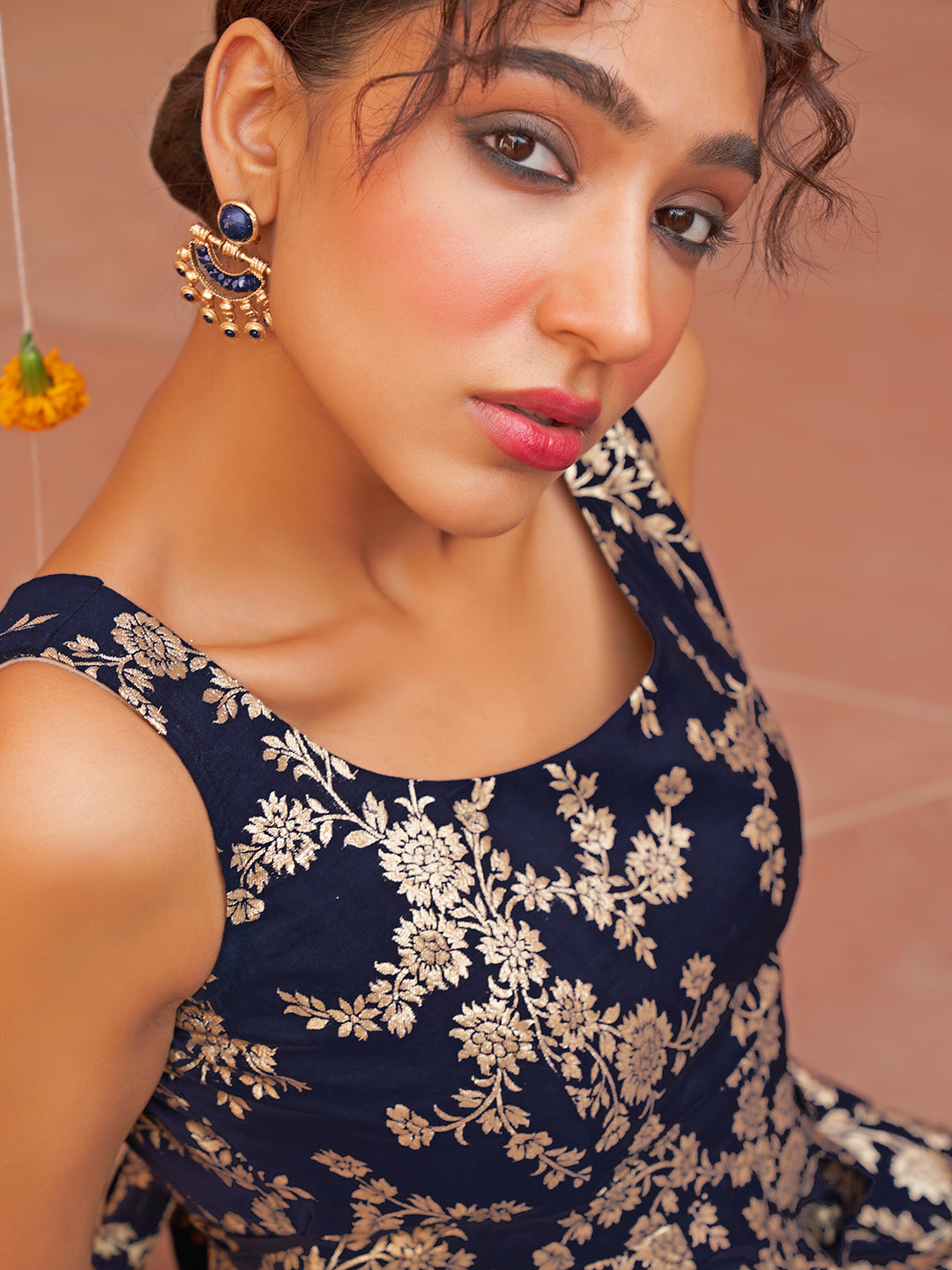 Janasya Women's Navy Blue Brocade Woven Design Casual Dress - Distacart