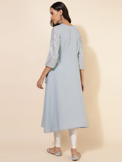 Janasya Grey Crepe Foil Printed Festive Kurta - Distacart