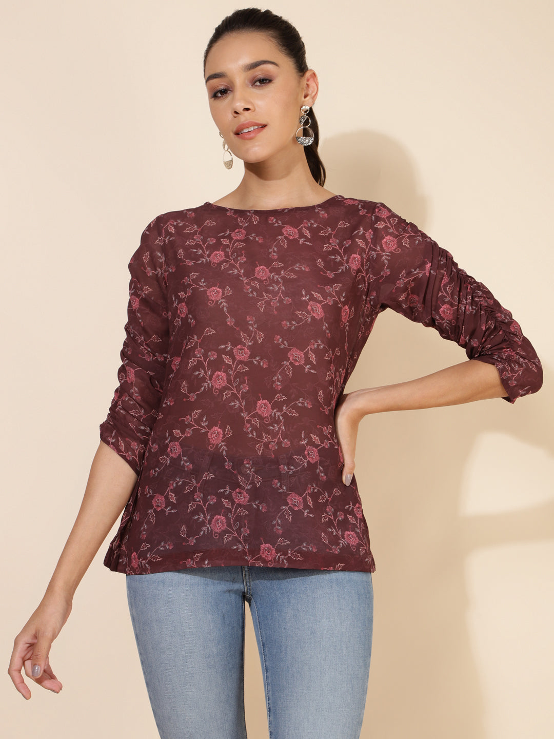 Janasya Women's Brown Georgette Floral Printed Casual Top - Distacart