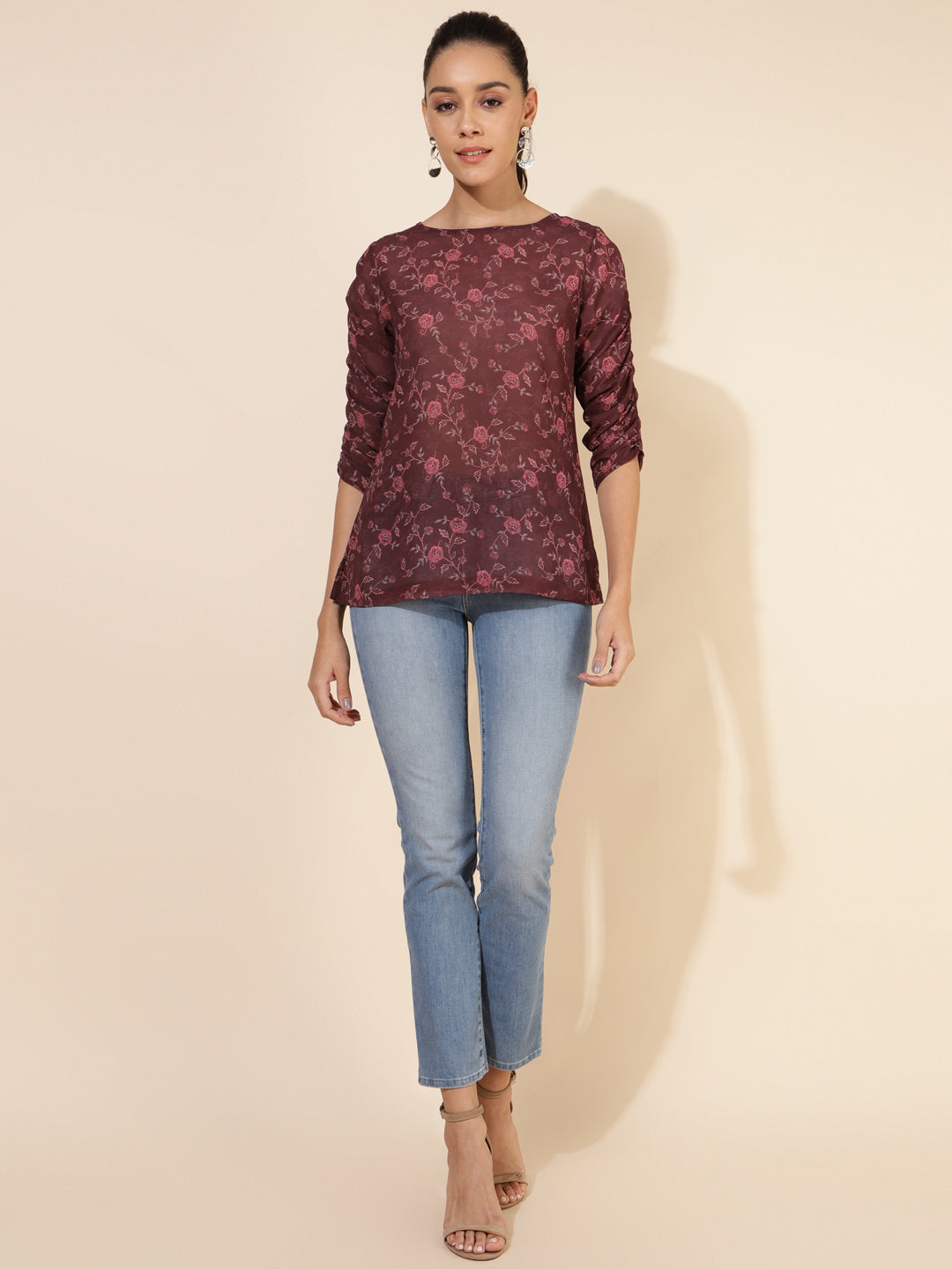 Janasya Women's Brown Georgette Floral Printed Casual Top - Distacart