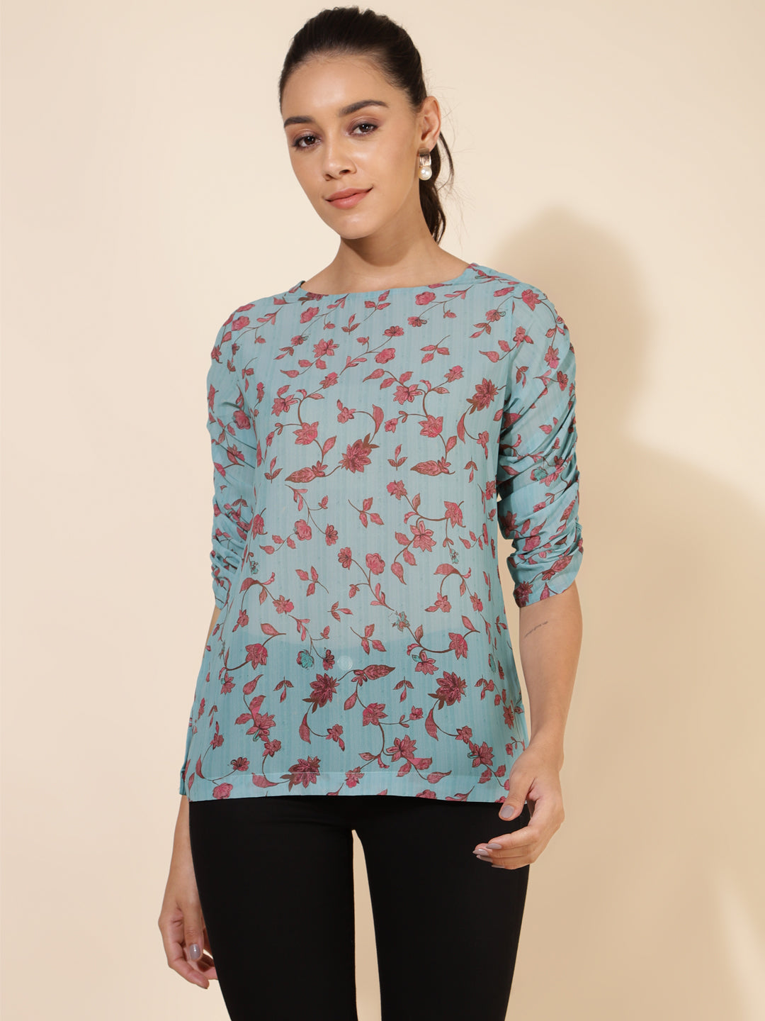 Janasya Women's Mint Green Georgette Floral Printed Casual Top - Distacart