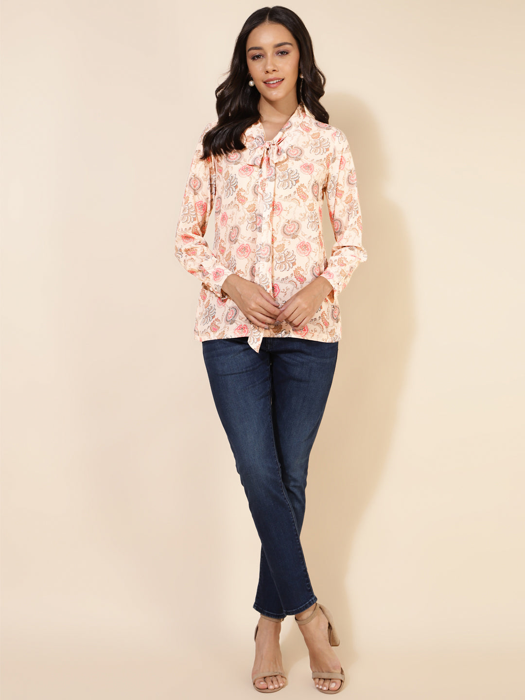 Janasya Women's Peach Georgette Floral Print Casual Top - Distacart