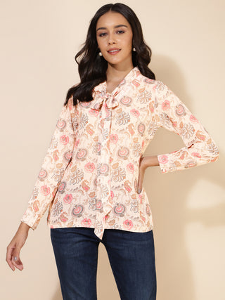 Janasya Women's Peach Georgette Floral Print Casual Top - Distacart