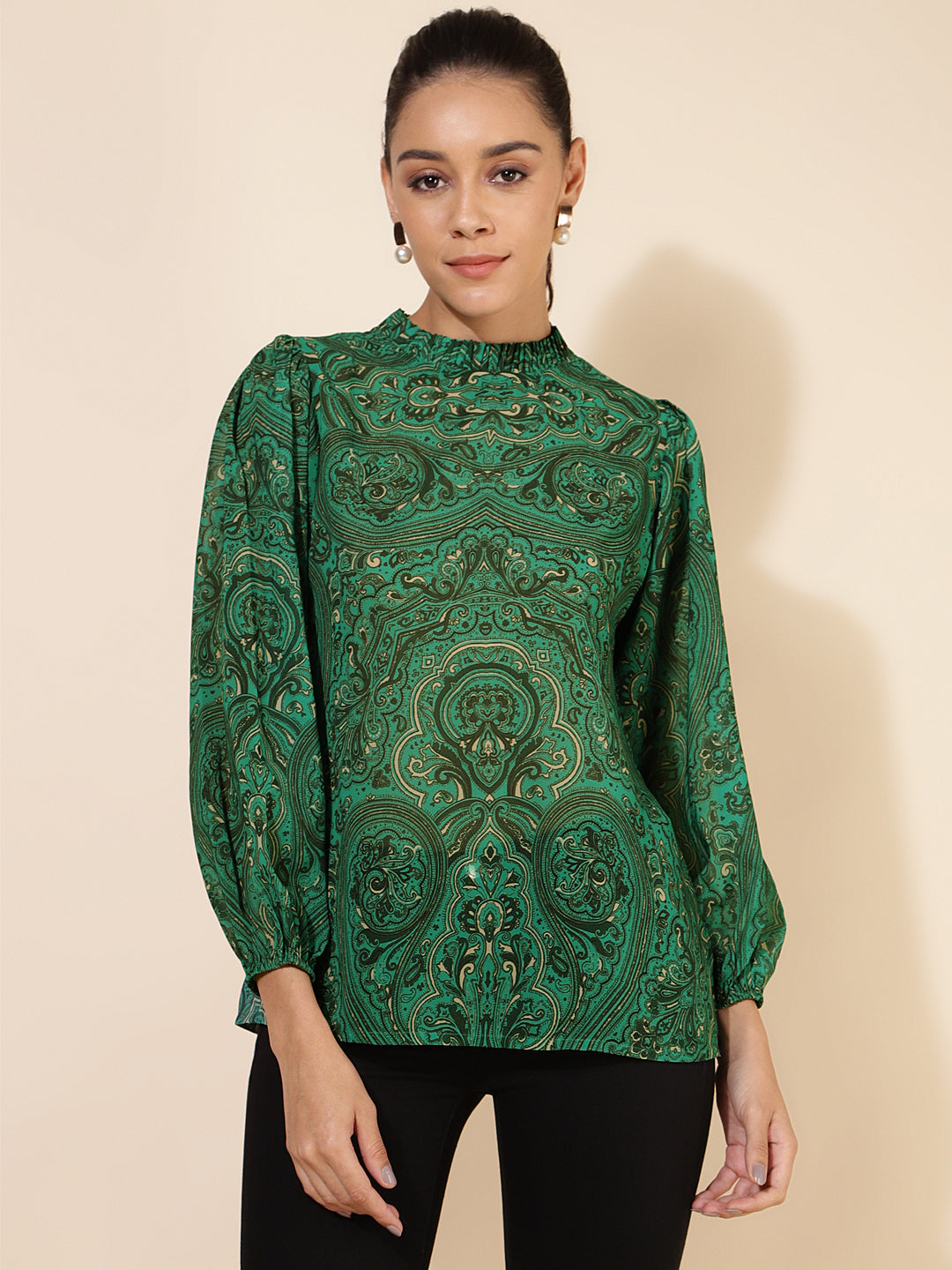 Janasya Women's Green Georgette Digital Printed Casual Top - Distacart