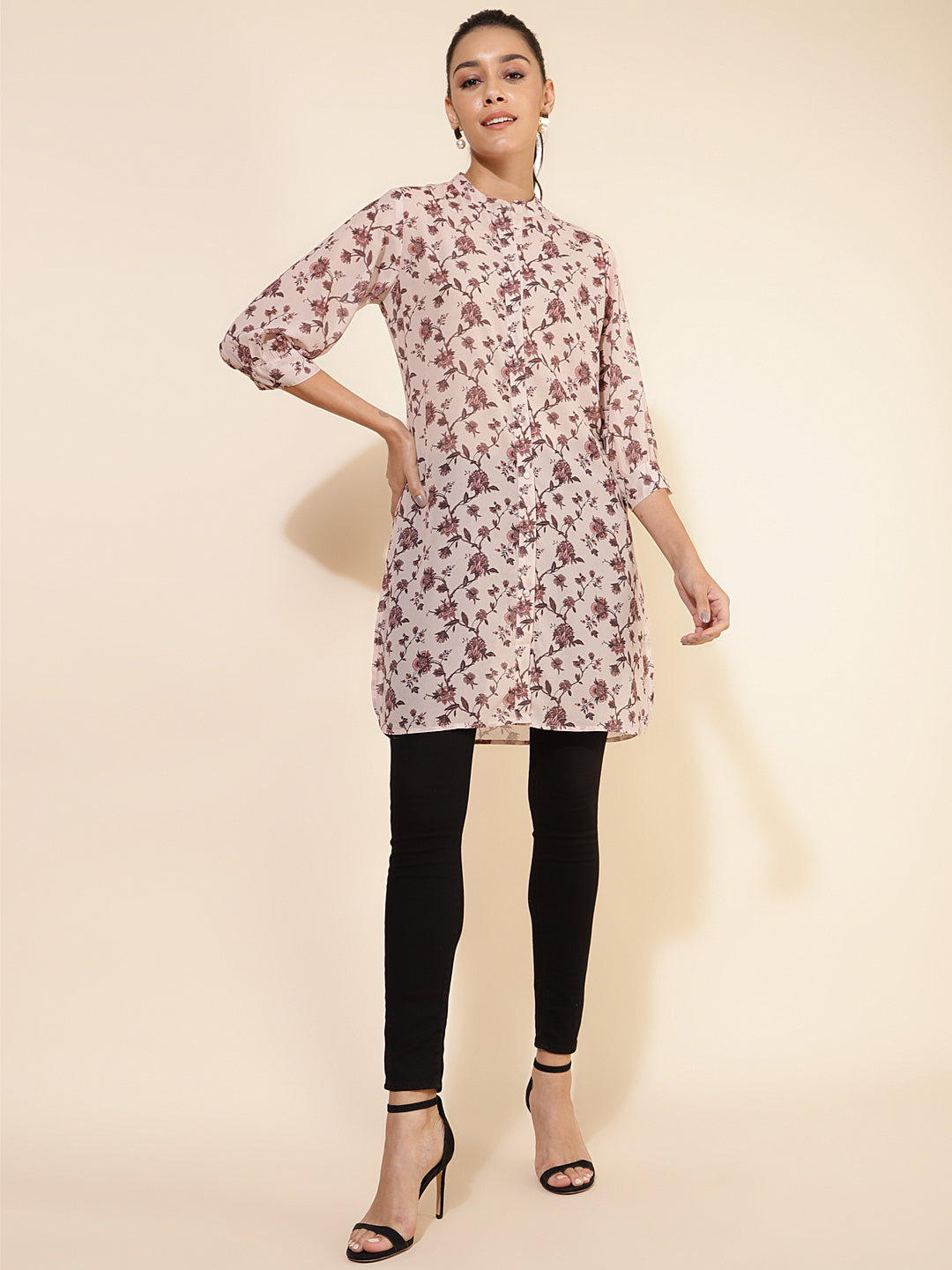 Janasya Women's Beige Georgette Floral Printed Casual Tunic - Distacart