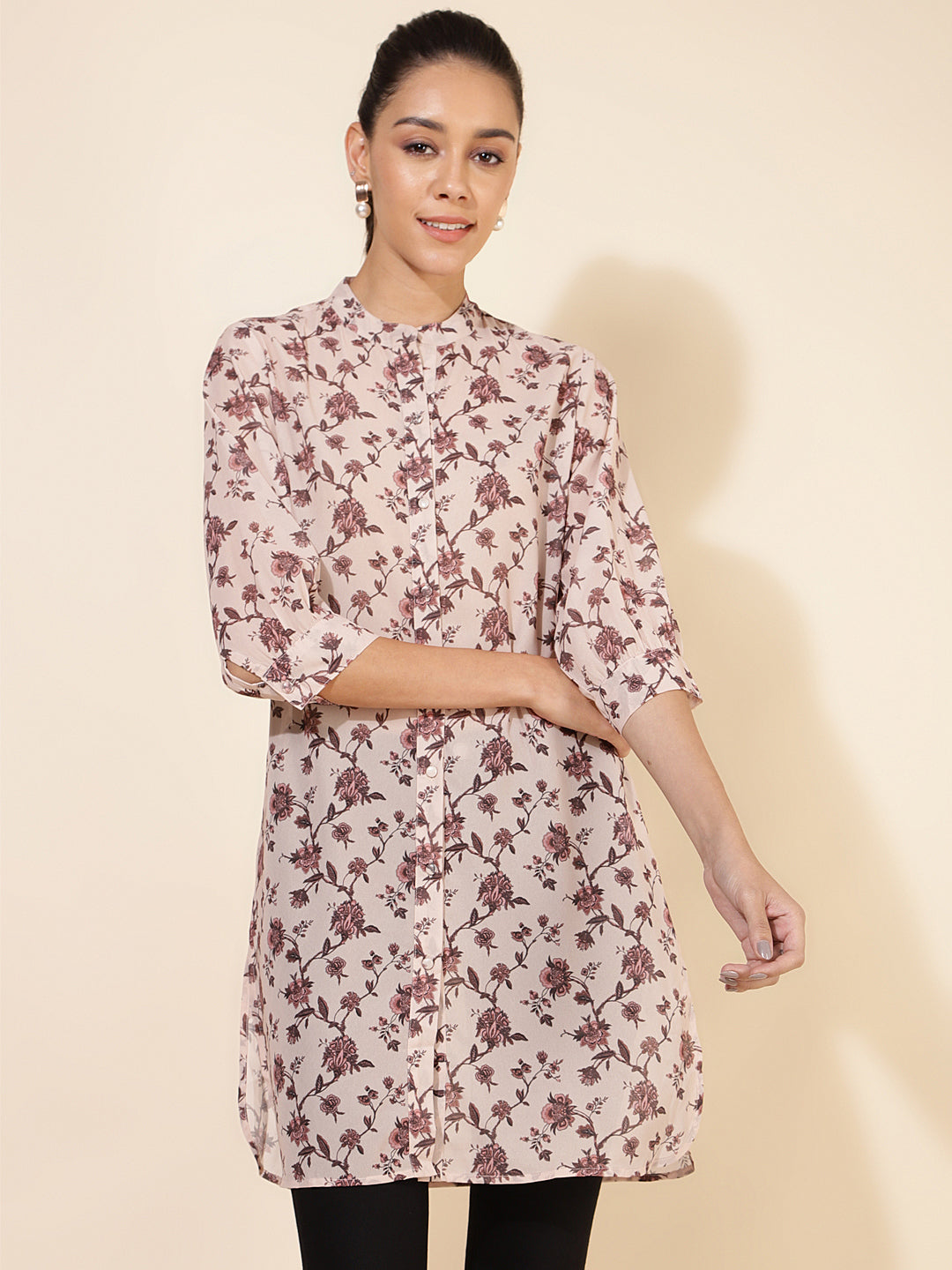 Janasya Women's Beige Georgette Floral Printed Casual Tunic - Distacart