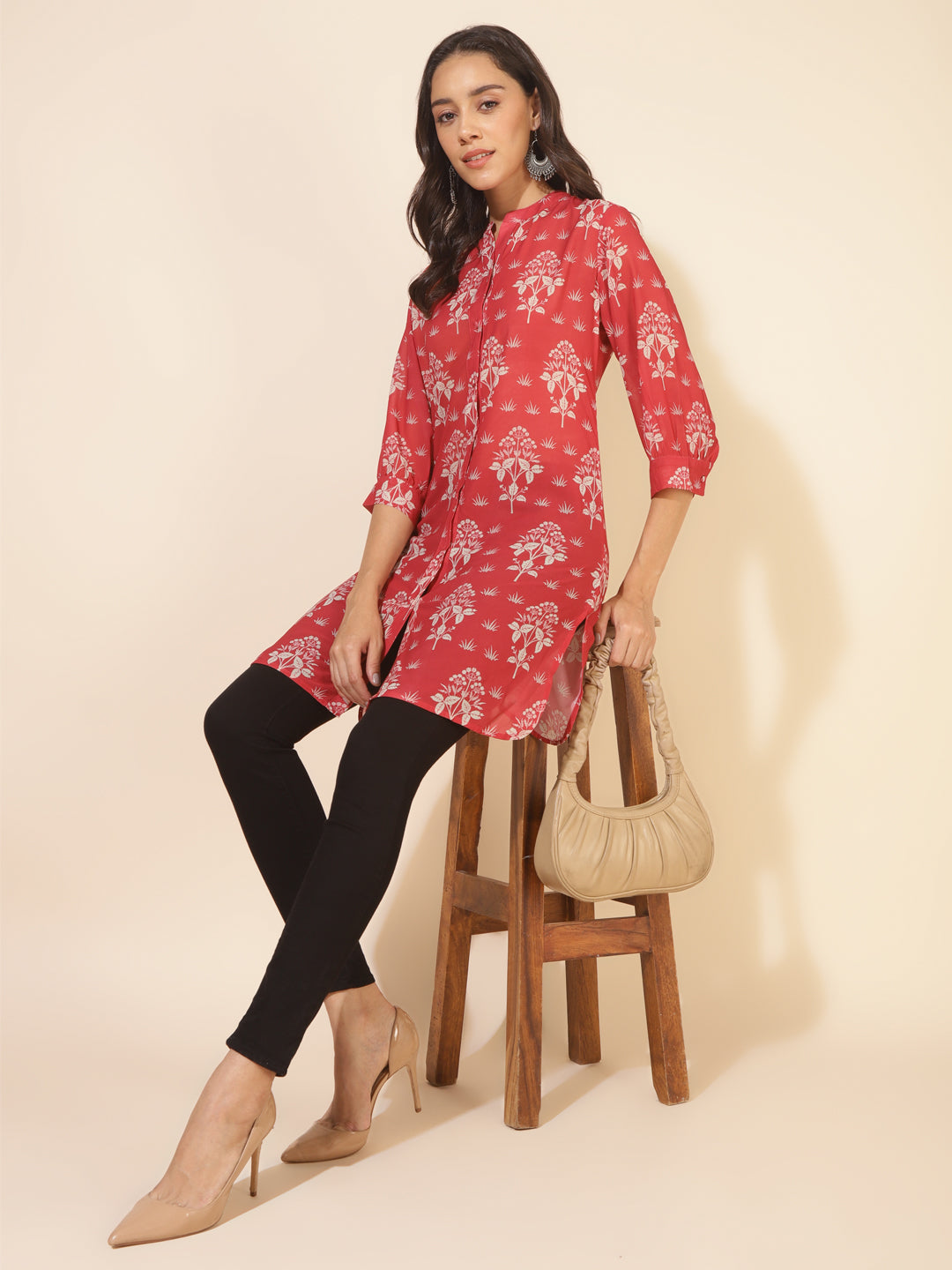 Janasya Women's Red Georgette Floral Printed Casual Tunic - Distacart
