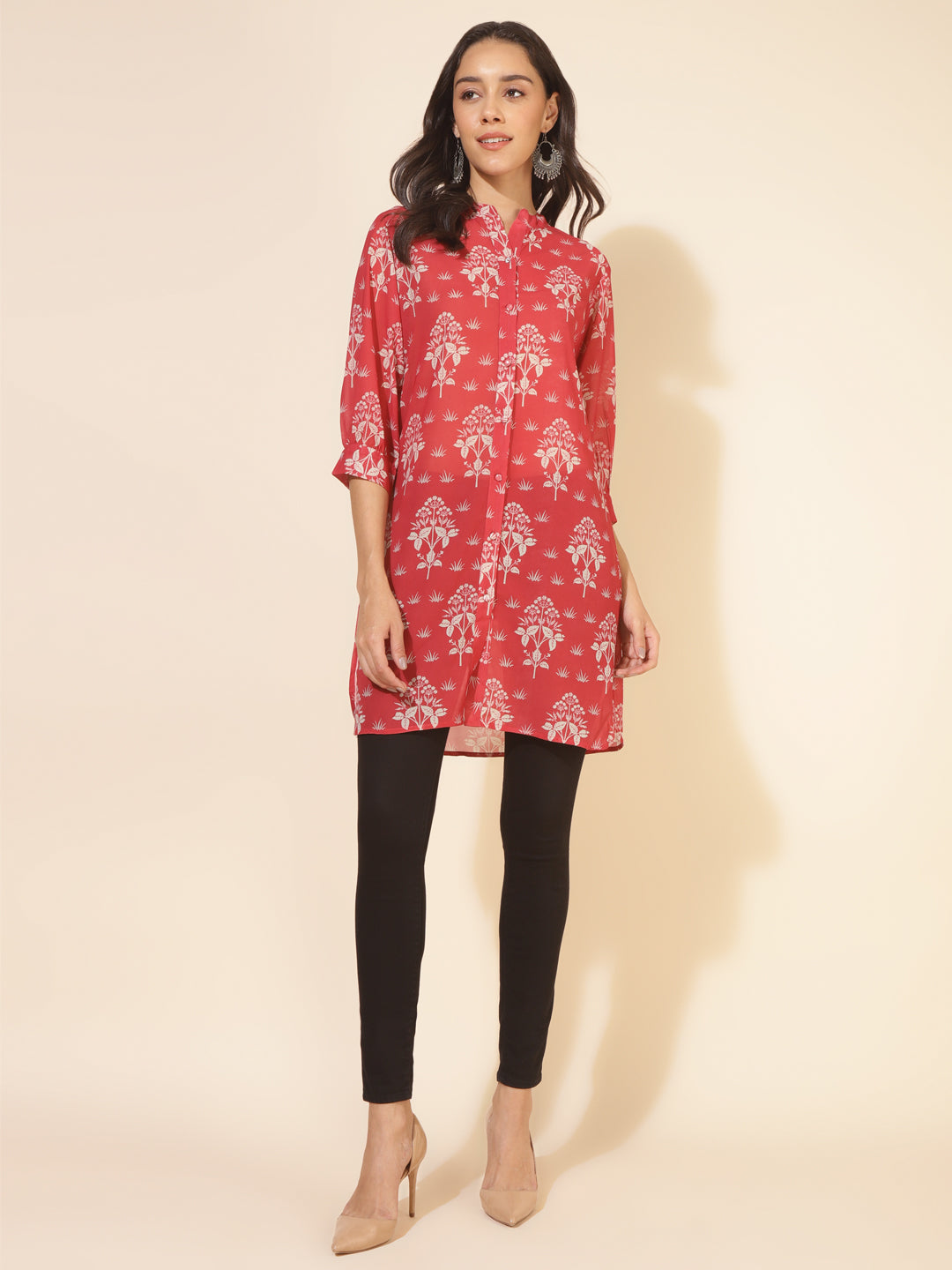 Janasya Women's Red Georgette Floral Printed Casual Tunic - Distacart