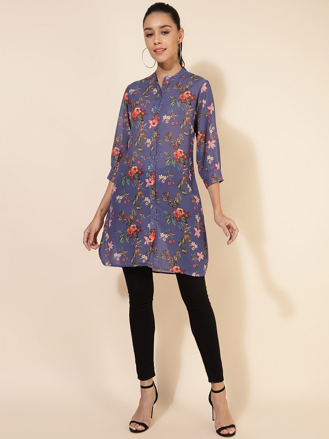 Janasya Women's Violet Georgette Floral Printed Casual Tunic - Distacart