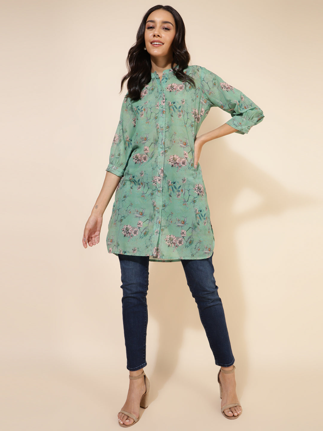 Janasya Women's Light Green Georgette Floral Printed Casual Tunic - Distacart