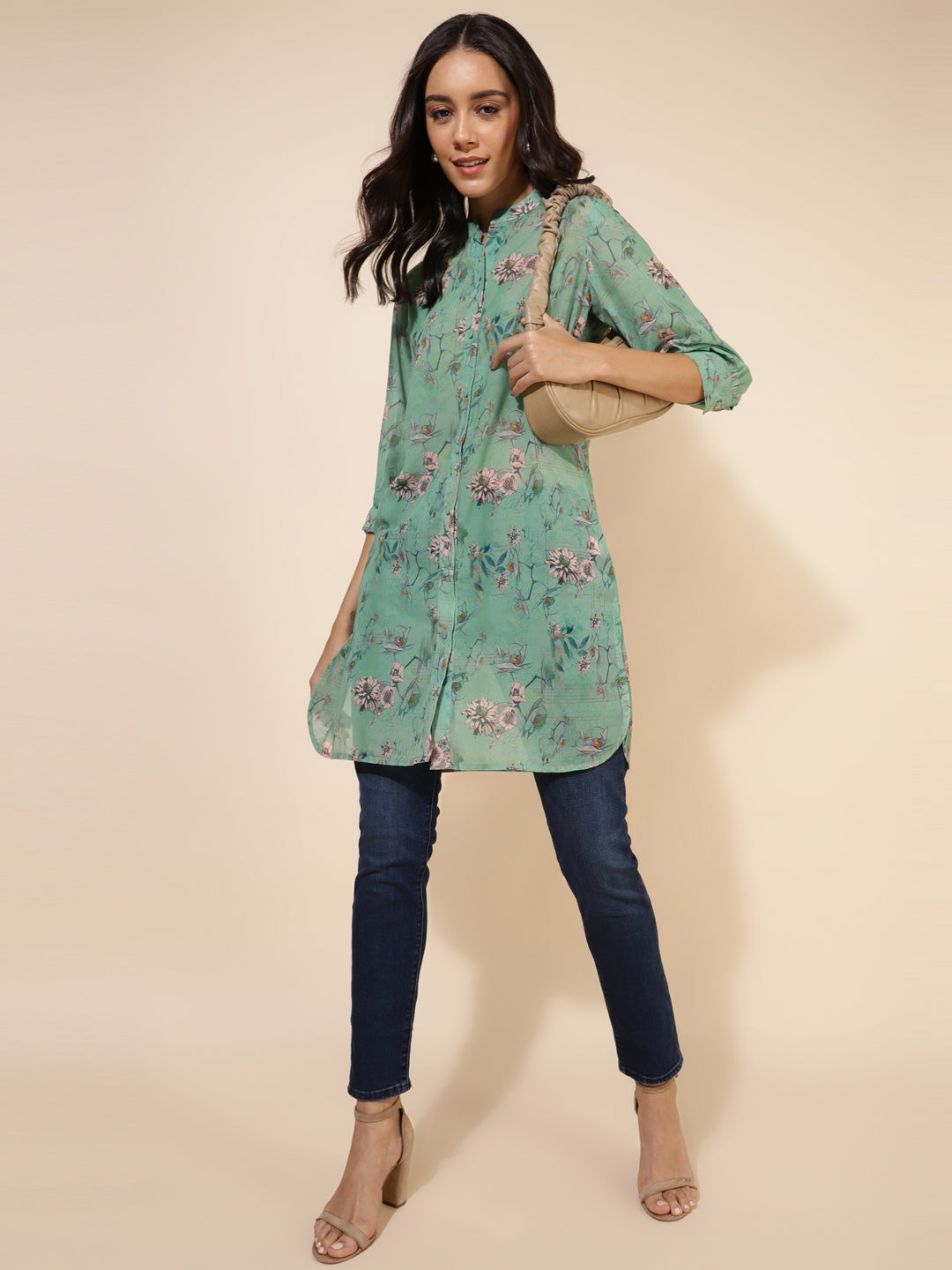 Janasya Women's Light Green Georgette Floral Printed Casual Tunic - Distacart