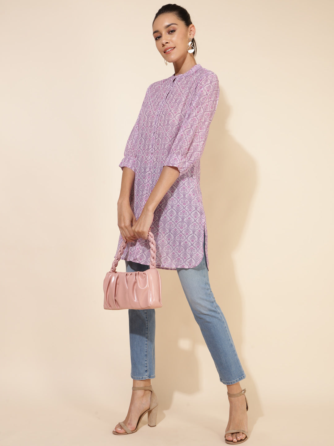 Janasya Women's Light Pink Georgette Floral Printed Casual Tunic - Distacart