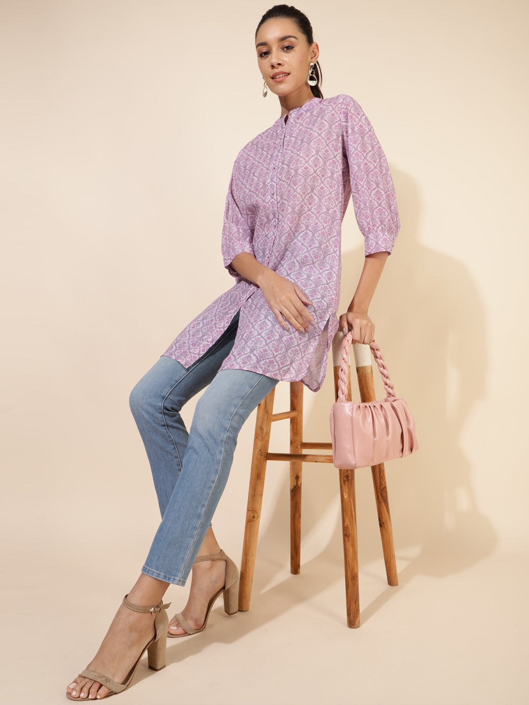 Janasya Women's Light Pink Georgette Floral Printed Casual Tunic - Distacart