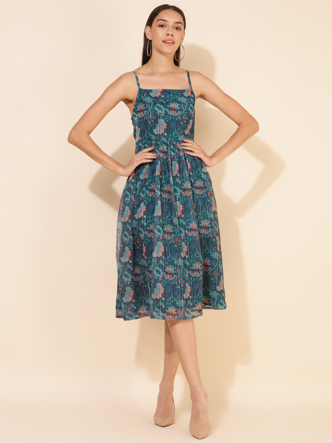 Janasya Women's Blue Chiffon Lurex Digital Floral Printed Casual Dress - Distacart