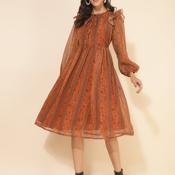 Janasya Women's Rust Chiffon Lurex Floral Printed Casual Dress - Distacart