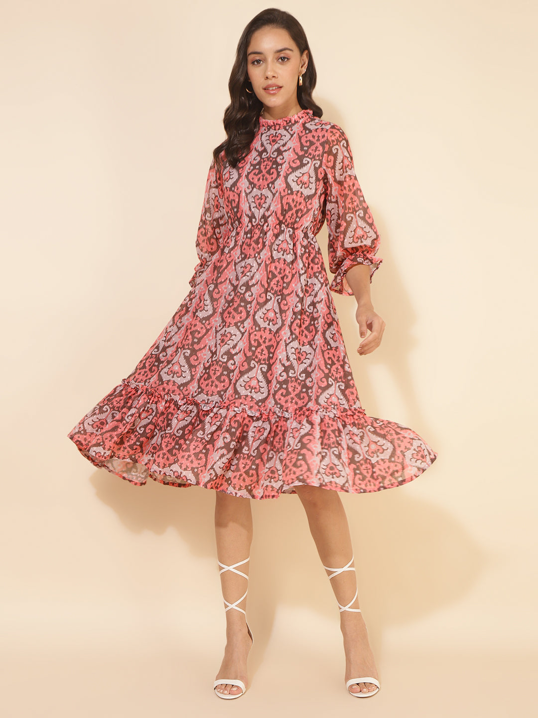 Janasya Women's Peach Dobby Georgette Ikkat Printed Casual Dress - Distacart