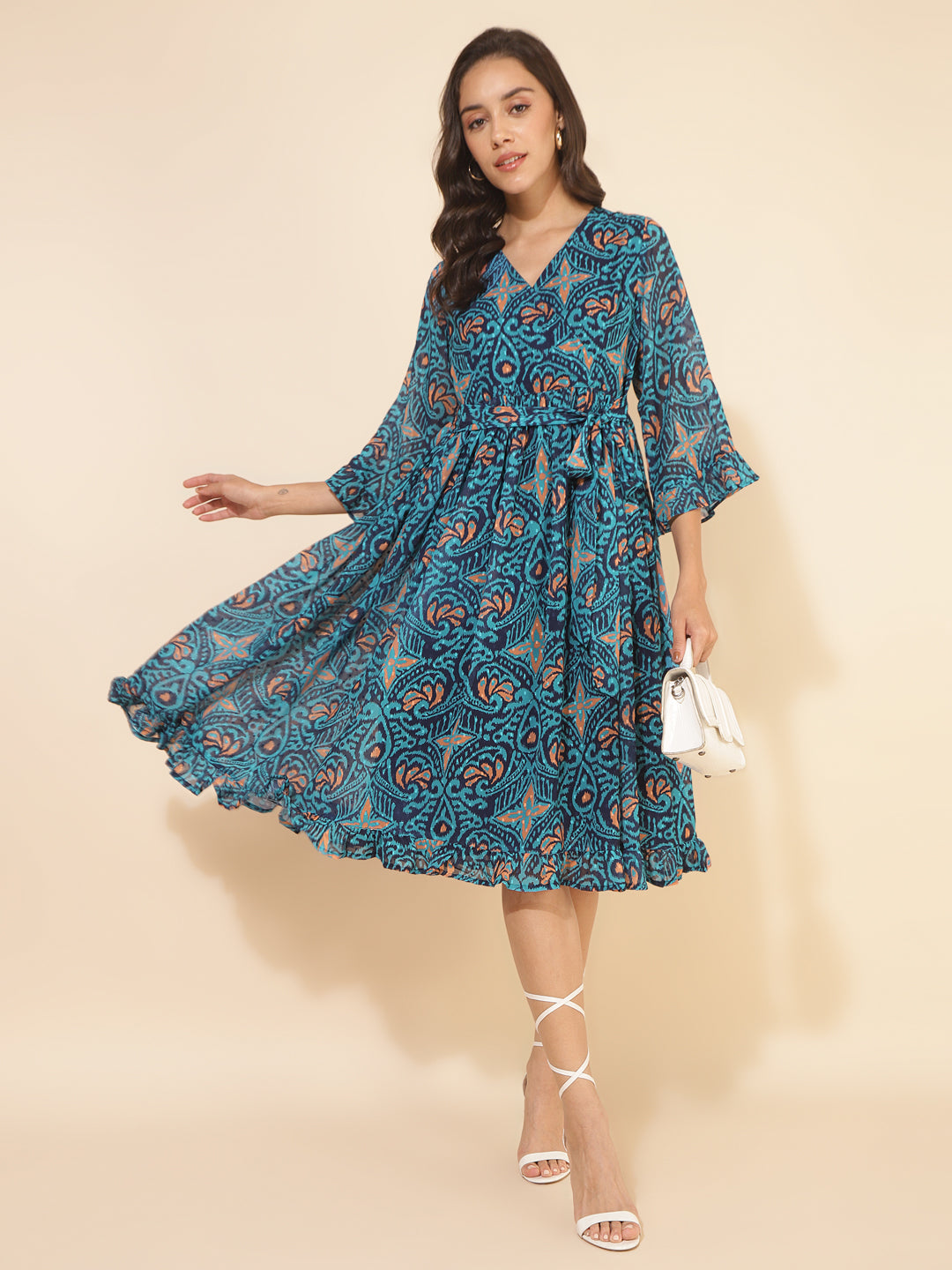 Janasya Women's Blue Dobby Georgette Ikkat Printed Casual Dress - Distacart