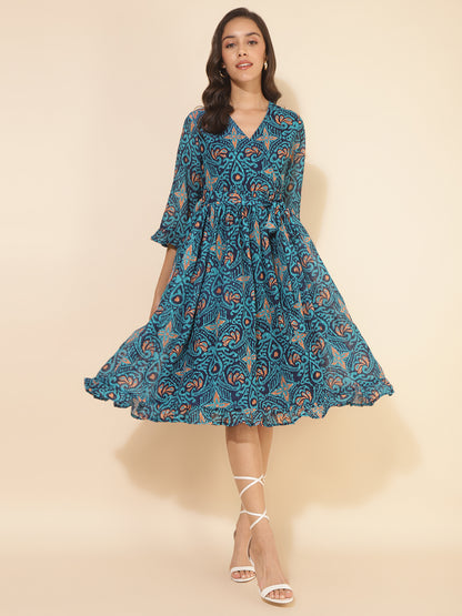 Janasya Women's Blue Dobby Georgette Ikkat Printed Casual Dress - Distacart