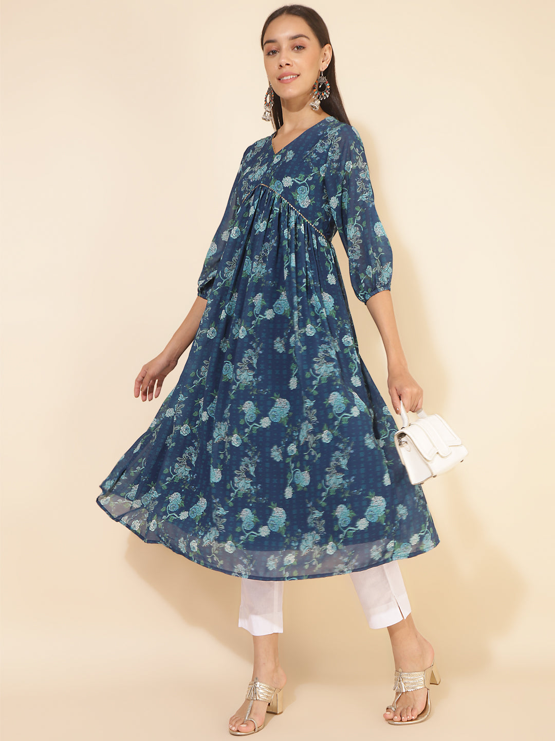 Janasya Blue Georgette Floral Printed Casual Kurta - Distacart