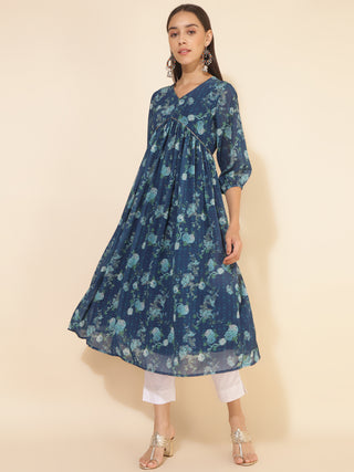 Janasya Blue Georgette Floral Printed Casual Kurta - Distacart