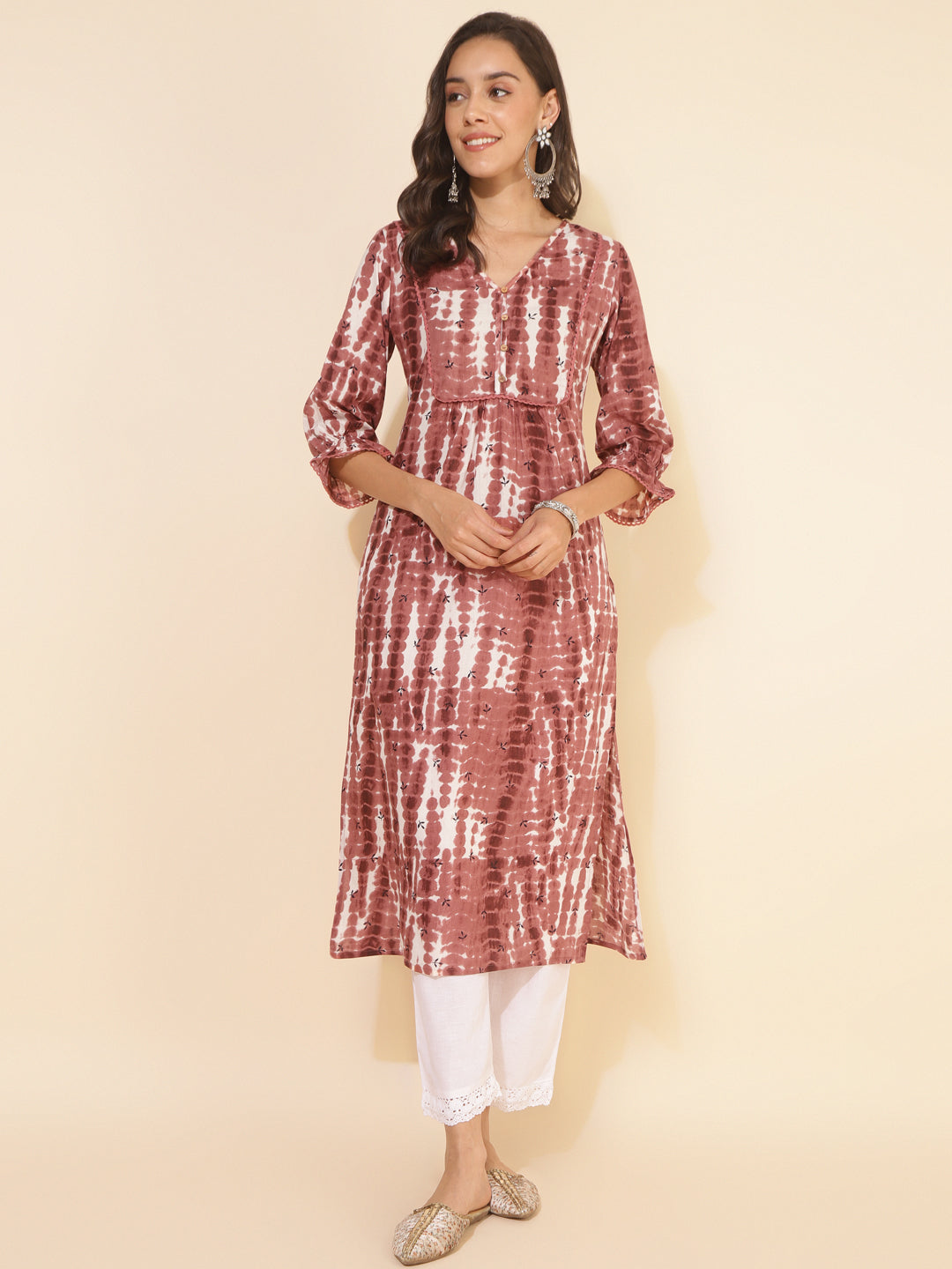 Janasya Light Brown Cotton Tie-dye Printed Casual Kurta - Distacart