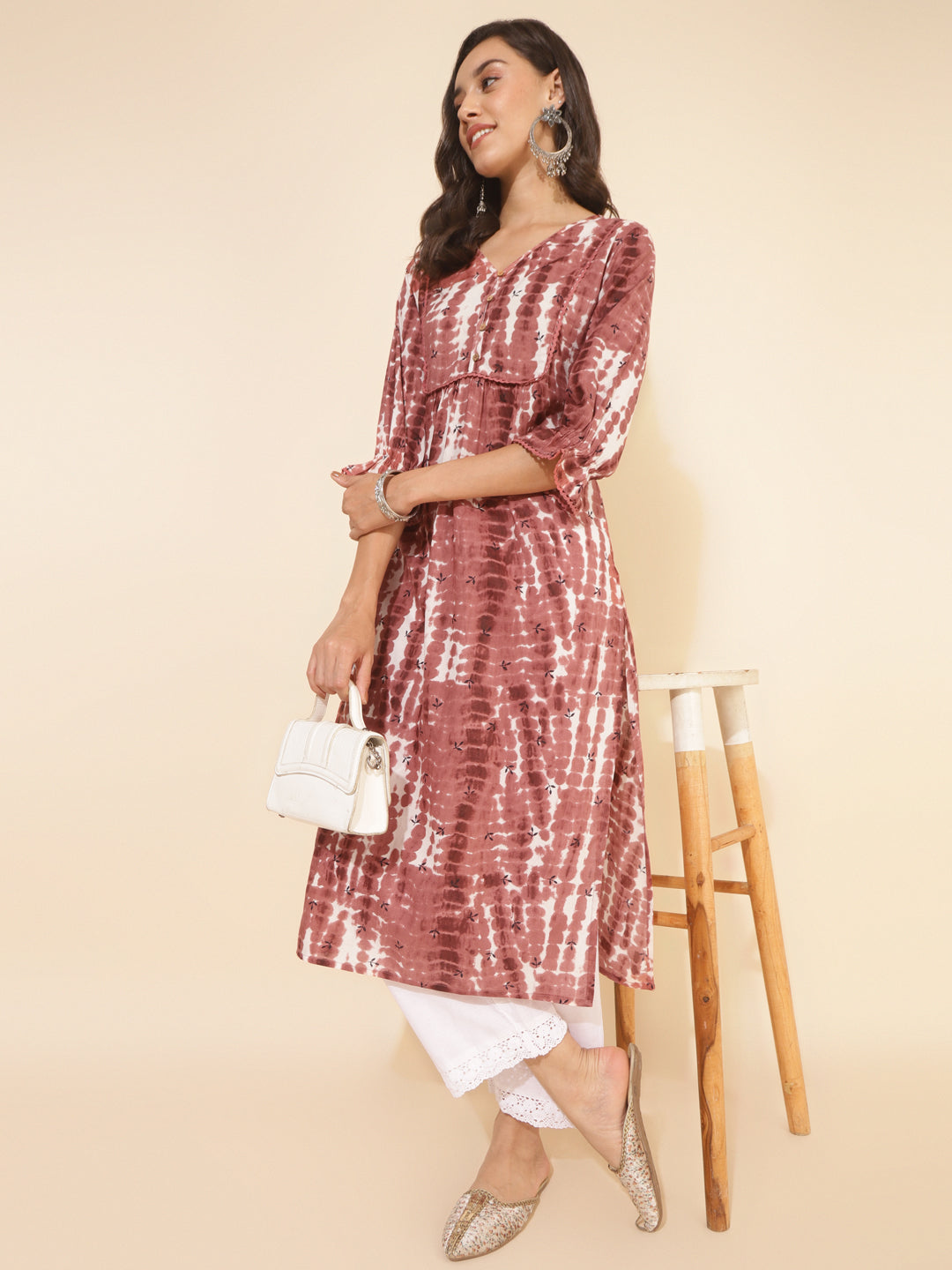 Janasya Light Brown Cotton Tie-dye Printed Casual Kurta - Distacart