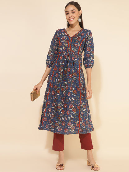 Janasya Blue Cotton Floral Printed Casual Kurta - Distacart