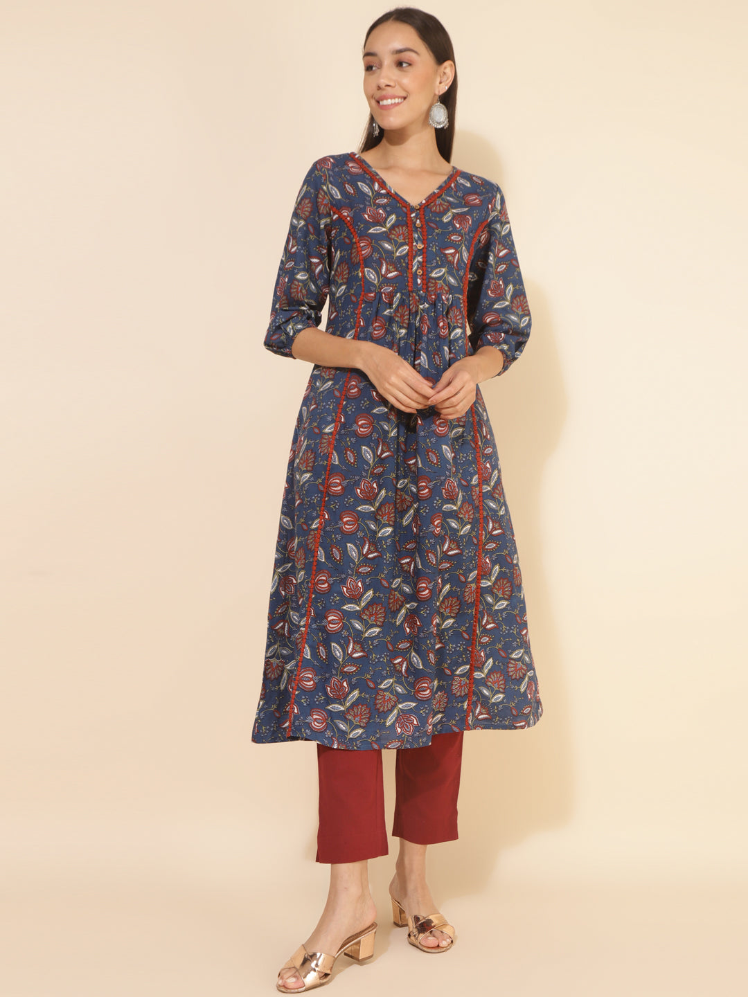 Janasya Blue Cotton Floral Printed Casual Kurta - Distacart