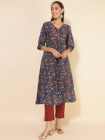 Thumbnail for Janasya Blue Cotton Floral Printed Casual Kurta - Distacart