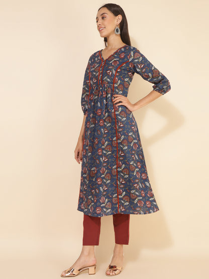 Janasya Blue Cotton Floral Printed Casual Kurta - Distacart