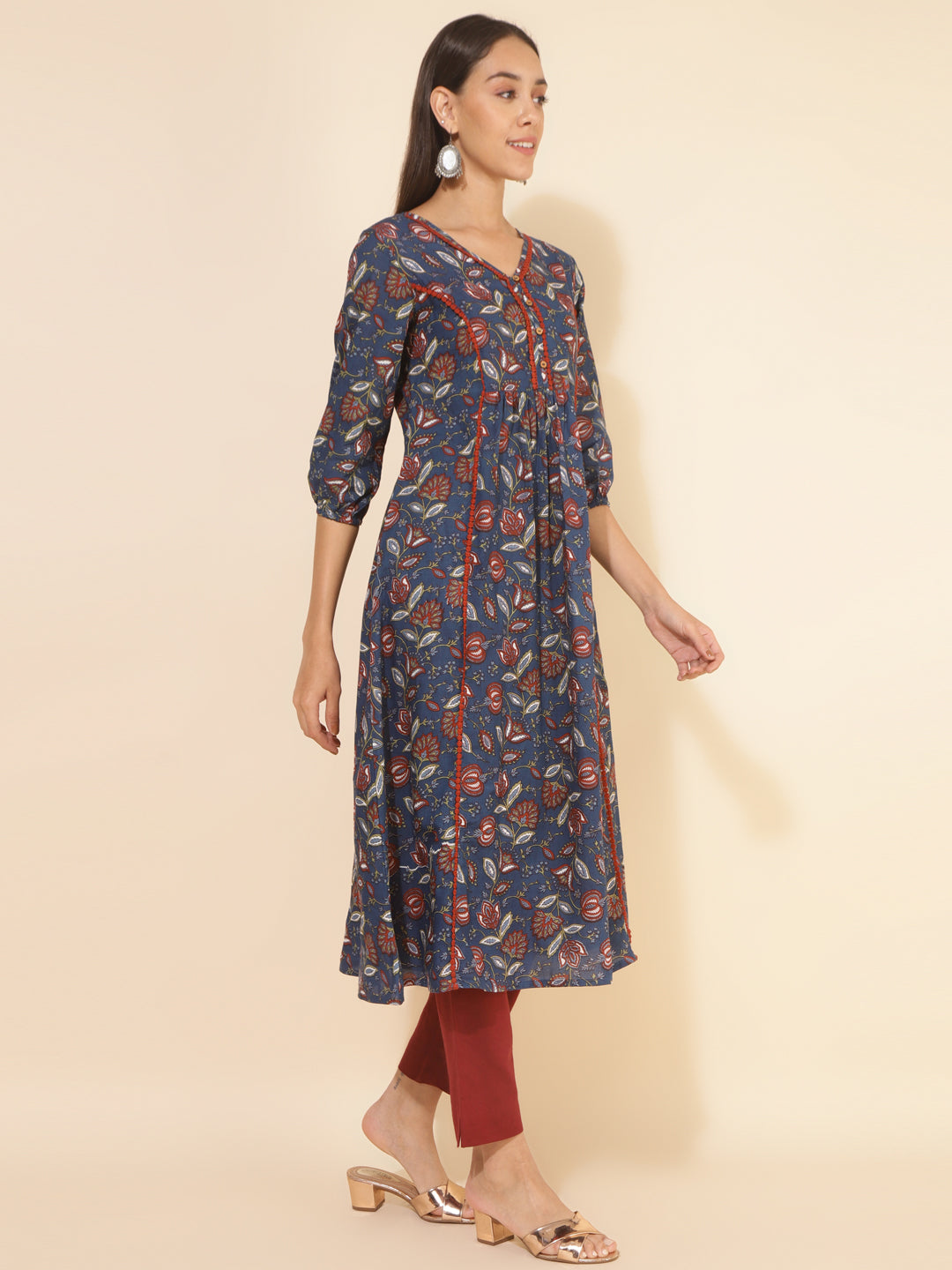 Janasya Blue Cotton Floral Printed Casual Kurta - Distacart