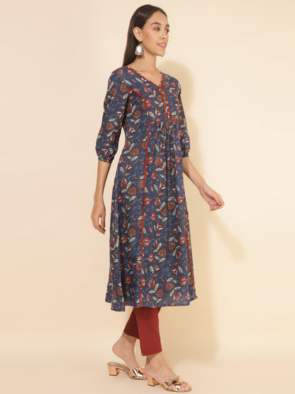 Janasya Blue Cotton Floral Printed Casual Kurta - Distacart