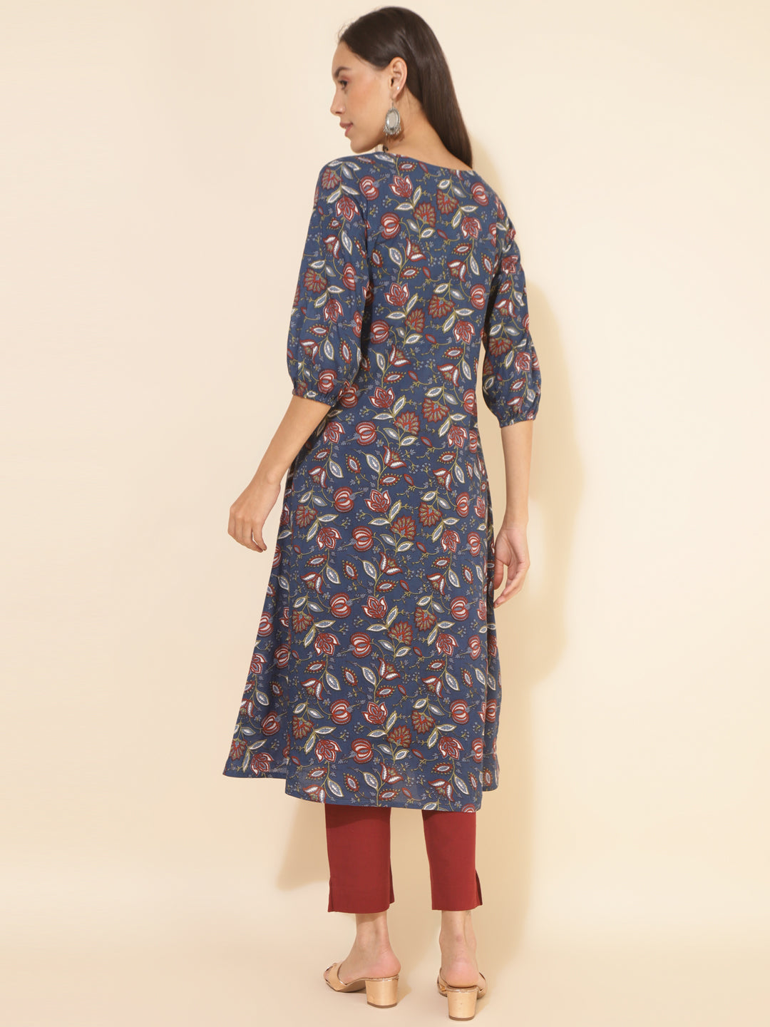 Janasya Blue Cotton Floral Printed Casual Kurta - Distacart