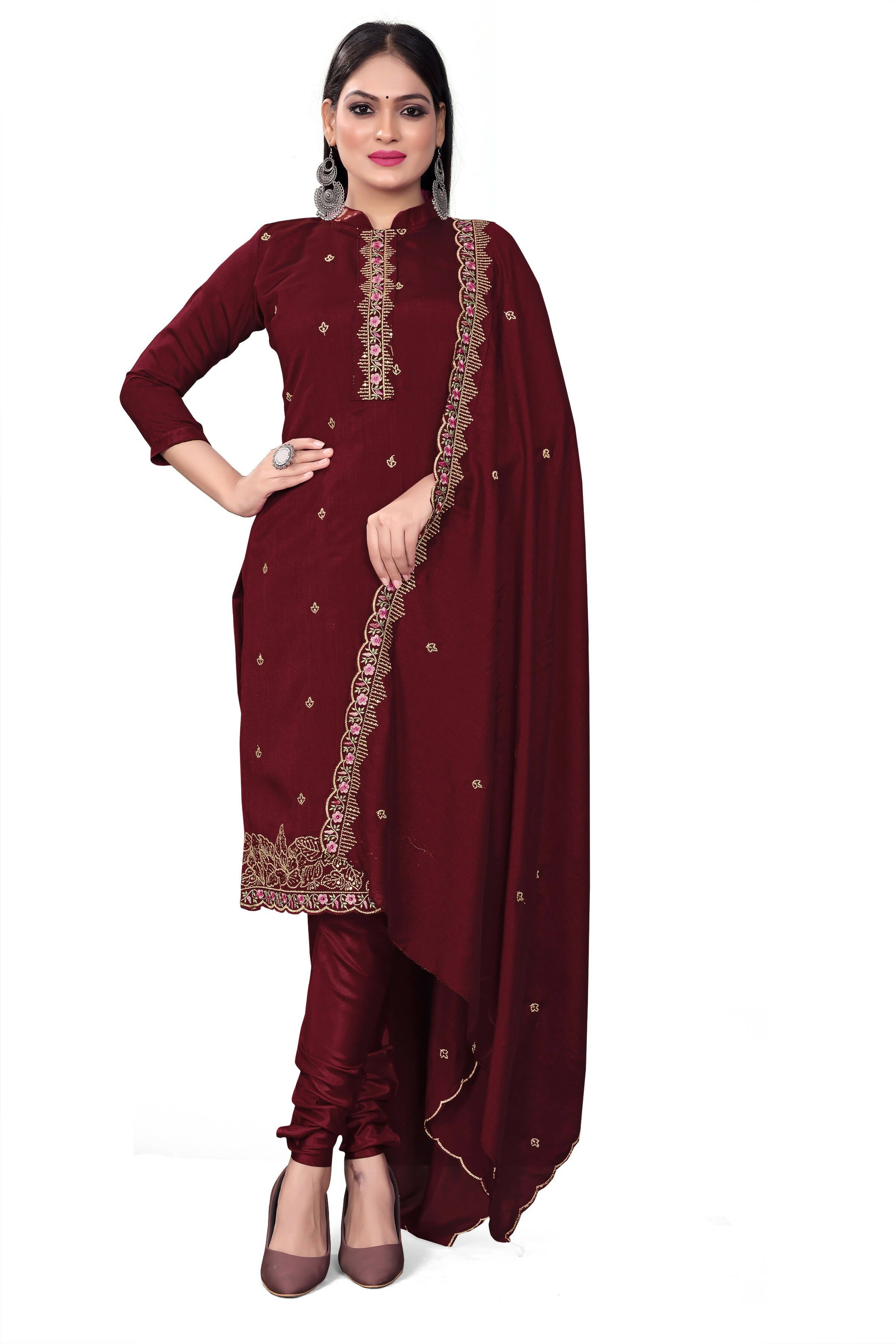 Maroon Silk Embroidered with Sequins work Unstitched Dress Material - Tanvi - Distacart