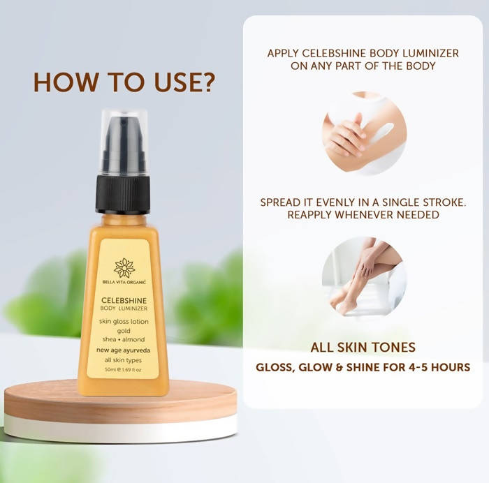 Bella Vita Organic Celeb Shine Body Luminizing Shimmer skin Gloss Lotion Gold Shea Butter Almond - Distacart